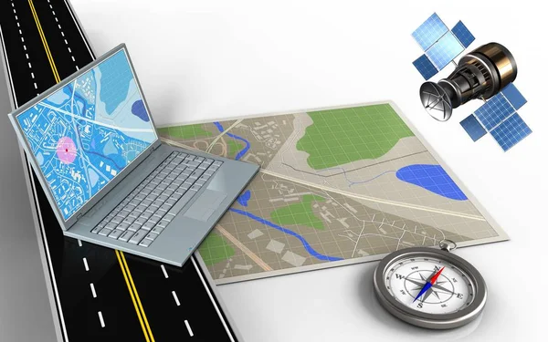 Karte Mit Computer Und Kompass Auf Weißem Hintergrund lizenzfreie Stockfotos