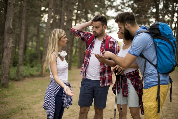 Group Young People Hiking Mountain Spring Day — Stock Photo, Image