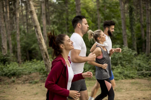 Gruppo Giovani Corre Una Maratona Nella Foresta — Foto Stock