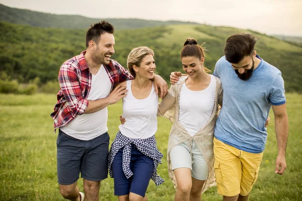 Group Young People Having Fun Trip Nature Mountains — Stock Photo, Image