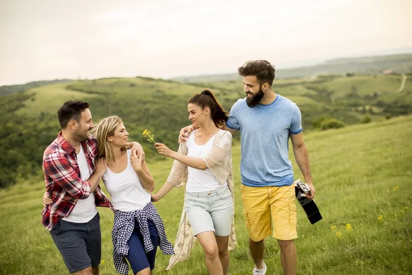 Bir Grup Genç Insan Dağlardaki Doğada Bir Geziye Eğleniyor — Stok fotoğraf