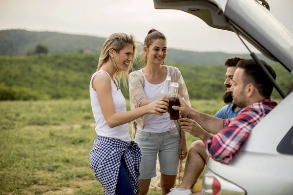 Group of young people sitting in the car trank during trip in the nature