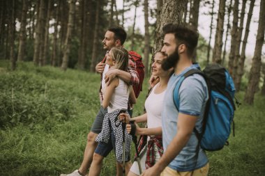 Bir grup genç insan bahar günü dağda hiking