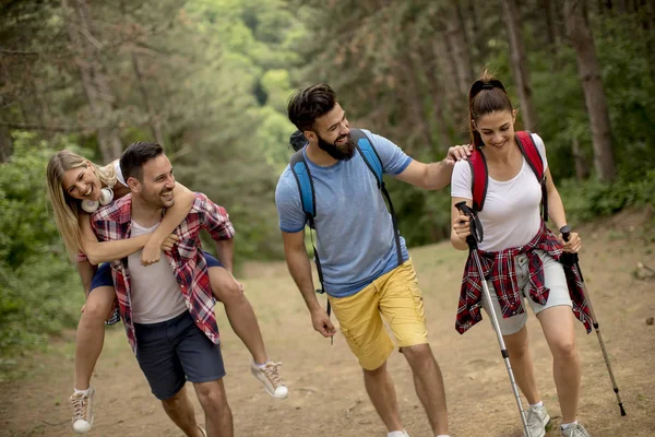 Grupa Młodych Ludzi Piesze Wycieczki Góry Dzień Wiosny — Zdjęcie stockowe
