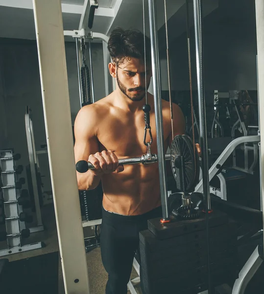 Handsome young muscular man working out in gym doing exercises