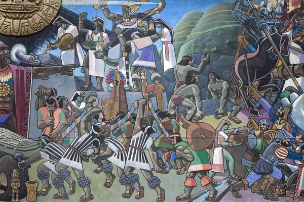 Cusco, Peru - 5 Ocak 2018: Cusco, Peru için duvar detayını. Peru tüm tarihinin gösterir duvar resmi Juan Bravo tarafından 1992 yılında yapıldı.