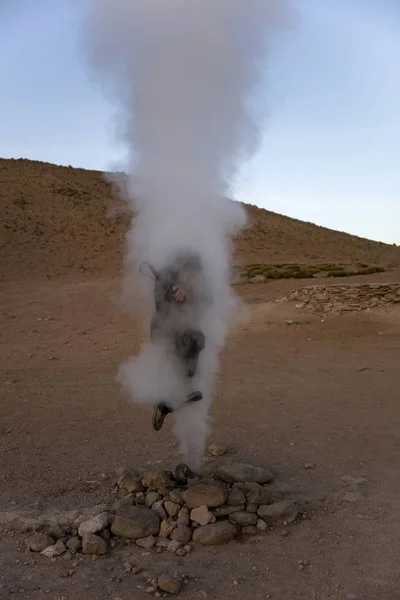 Young Man Geysers Sol Manana Eduardo Avaroa Andean Fauna National — Stock Photo, Image