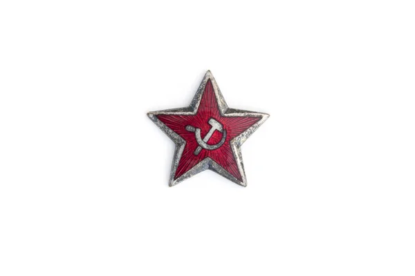 Steaua Roșie Veche Din Capacul Militar Comunist Izolată Fundalul Alb — Fotografie, imagine de stoc