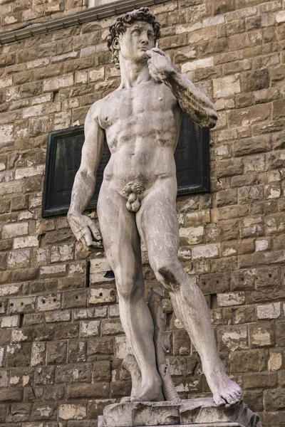 Reproductie Van Michelangelo Standbeeld David Tegenover Palazzo Vecchio Florence Italië — Stockfoto