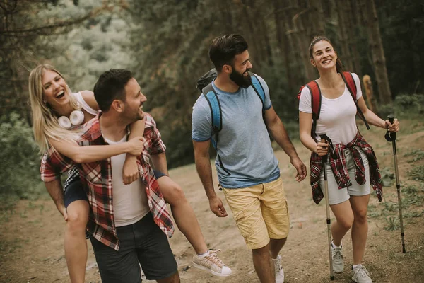 Bir Grup Genç Insan Bahar Günü Dağda Hiking — Stok fotoğraf