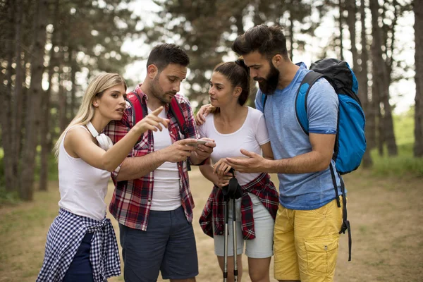 Group Young People Hiking Mountain Spring Day — Stock Photo, Image