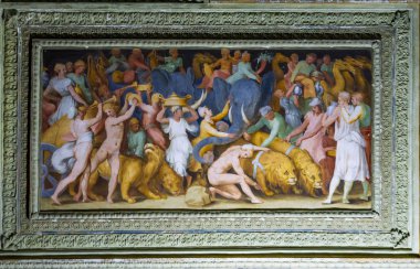 Genoa, İtalya - 11 Mart 2018: Salone dei Giganti Villa del Principe Cenova, İtalya, detay. Villa 1521 ve 1529 arasında Andrea Doria, Amiral İmparator Charles V için inşa edilmiş.