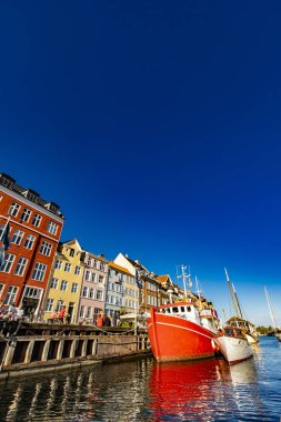 Kopenhag, Danimarka - 13 Haziran 2018: Nyhavn Kopenhag, Danimarka detay. 17. yüzyıl waterfront ve eğlence bölgesinde Kopenhag Nyhavn olduğunu.