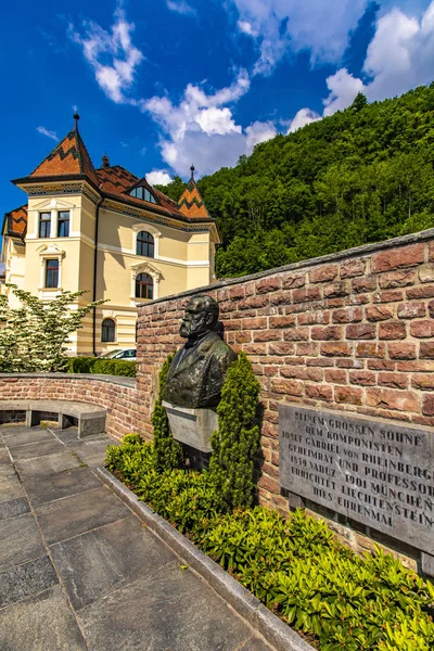 Переглянути Статую Композитора Йозефа Габріель Фон Rheinberger Місті Vaduz Ліхтенштейн — стокове фото