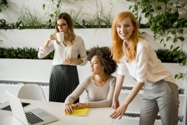 Çalışma veri ve modern ofisindeki sunmak neşeli profesyonel çok ırklı kadınlar