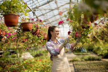 Sera içinde bahar çiçekleri ile çalışan genç ve güzel kadın