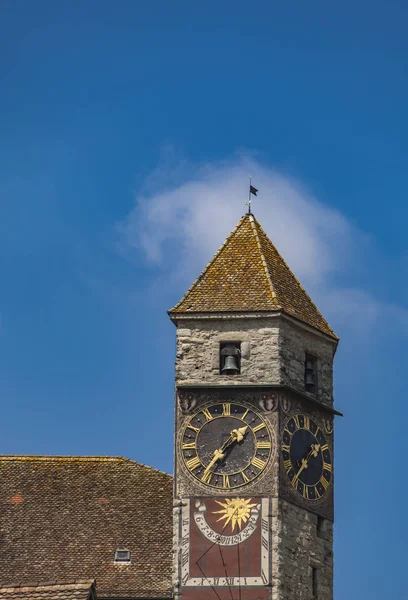 Zobacz Zabytkowej Wieży Zegarowej Zamek Rapperswil Jezioro Zurychu Szwajcarii — Zdjęcie stockowe