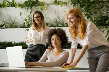 Çalışma veri ve modern ofisindeki sunmak neşeli profesyonel çok ırklı kadınlar