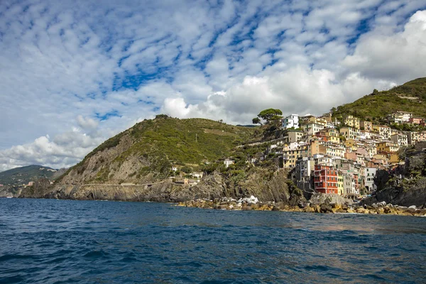 Vedere Malul Mării Orașul Riomaggiore Cinque Terre Marea Ligurică Din — Fotografie, imagine de stoc