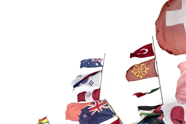 Banderas Nacionales Ondeando Salar Uyuni Bolivia — Foto de Stock