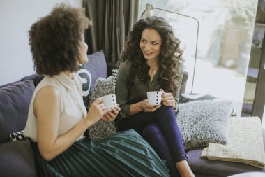 Two multiracial young women chatting and drinking coffe in rhe living room clipart