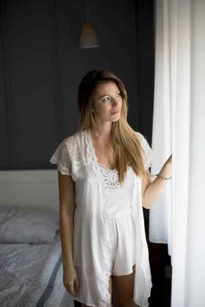 Pretty Young Woman Waking Room Morning — Stock Photo, Image