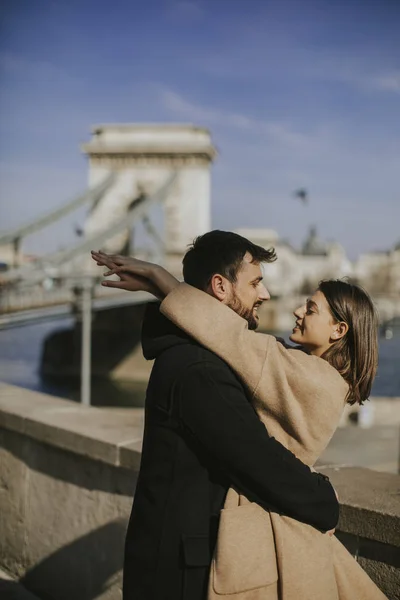 Young Happy Attractive Couple Love Hugging Background Magnificent View Budapest — Stock Photo, Image