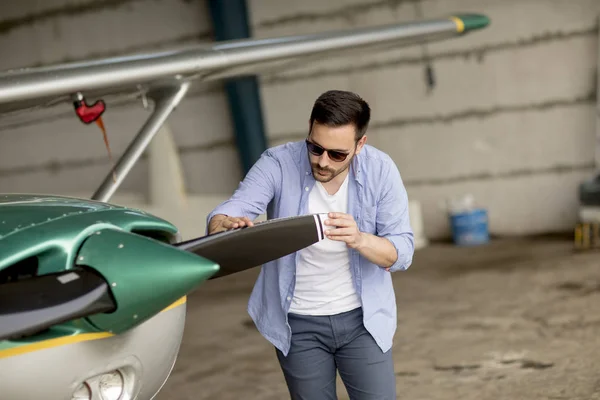 Handsome Young Pilot Checking His Ultralight Airplane Hangar Flight — Stock Photo, Image