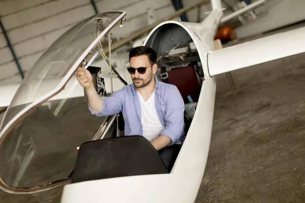 Handsome Young Pilot Checking His Ultralight Airplane Hangar Flight — Stock Photo, Image
