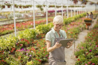 Tablet çiçek garde içinde kullanma kadın kıdemli portresi