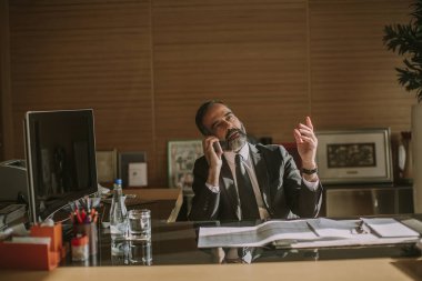 Mobila telefon kullanarak ve modern ofisinde çalışan üst düzey işadamı portresi