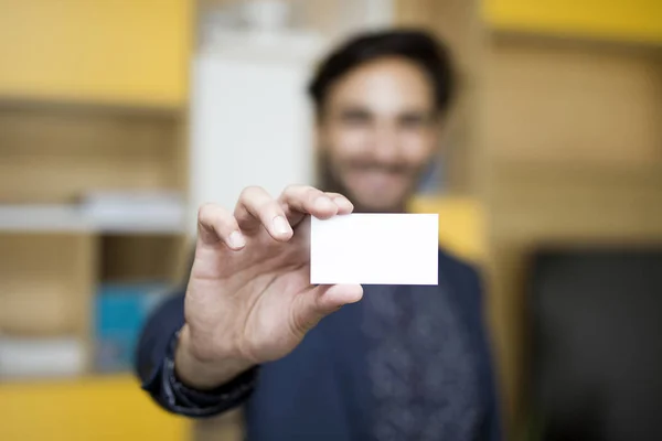 Businessman Holding Empty Business Card Front Camera Blurred Background — Stock Photo, Image