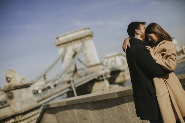 Young Happy Attractive Couple Love Hugging Background Magnificent View Budapest — Stock Photo, Image