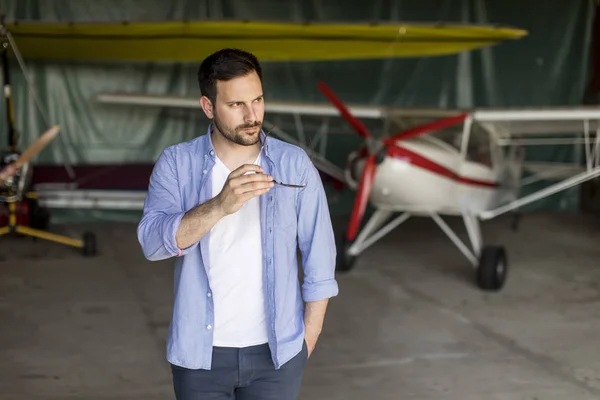 Handsome Young Pilot Checking Ultralight Airplane Flight — Stock Photo, Image