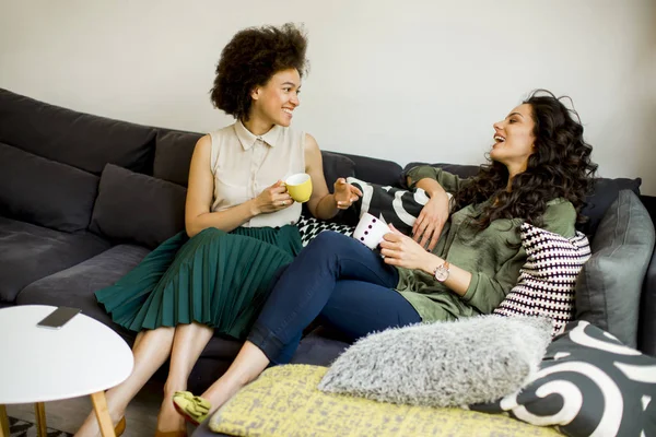 Duas Jovens Multirraciais Conversando Bebendo Café Sala Estar — Fotografia de Stock