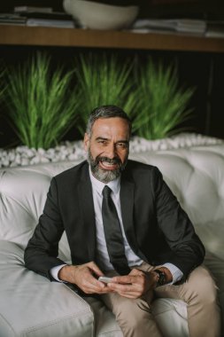 Cep telefonu kullaranarak ve ofiste kanepede oturan üst düzey işadamı portresi