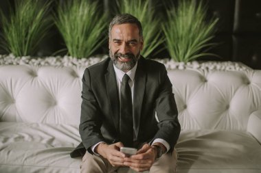 Cep telefonu kullaranarak ve ofiste kanepede oturan üst düzey işadamı portresi