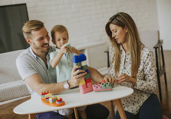 Little Boy Playing Toys Mother Father Modern Home — Stock Photo, Image