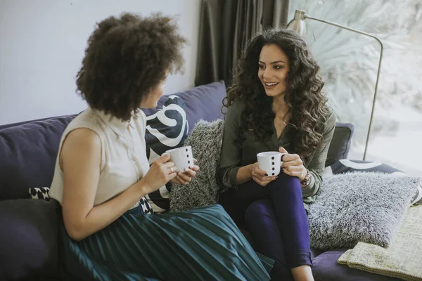 Twee Multiraciale Jonge Vrouwen Chatten Drinken Koffie Woonkamer Rhe — Stockfoto