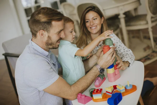 Little Boy Playing Toys Mother Father Modern Home — Stock Photo, Image