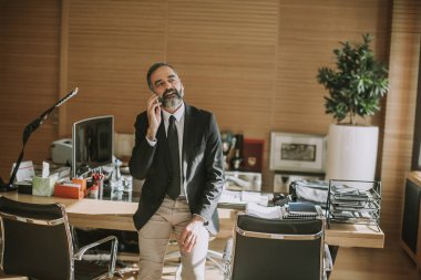 Cep telefonunuzun ve modern ofisinde kıdemli sakallı işadamı portresi