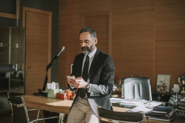 Cep telefonunuzun ve modern ofisinde kıdemli sakallı işadamı portresi