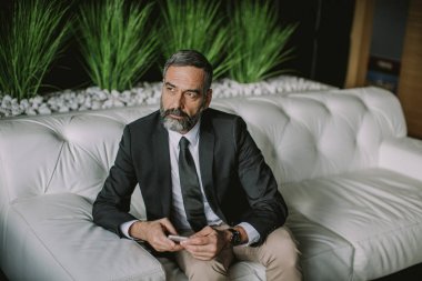 Yakışıklı işadamı cep telefonundan ofis kanepe yazarak