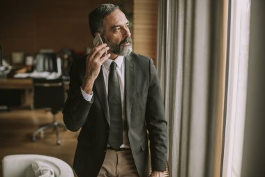 Cep telefonu kullanma modern office üst düzey yakışıklı işadamı portresi