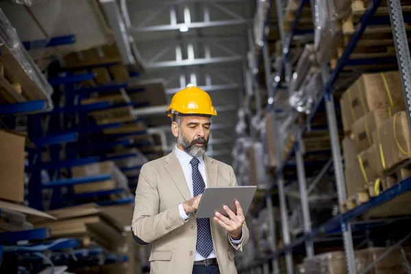 Portret Van Middelbare Leeftijd Zakenman Met Digitale Tablet Fabriek — Stockfoto