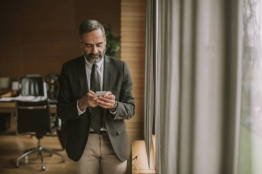 Cep telefonu kullanma modern office üst düzey yakışıklı işadamı portresi