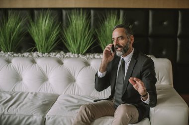 Cep telefonu kullaranarak ve ofiste kanepede oturan üst düzey işadamı portresi