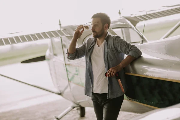 Handsome Young Pilot Checking Ultralight Airplane Flight — Stock Photo, Image