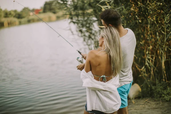 Lovely Young Couple Fishing Together Lake Summer Day — Stock Photo, Image