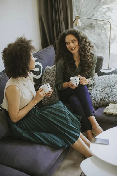 Twee Multiraciale Jonge Vrouwen Chatten Drinken Koffie Woonkamer Rhe — Stockfoto